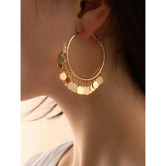 Gold Dangle Disc Hoop Earrings - Elegant and Trendy Statement Jewelry for Women - Picture 4 of 5